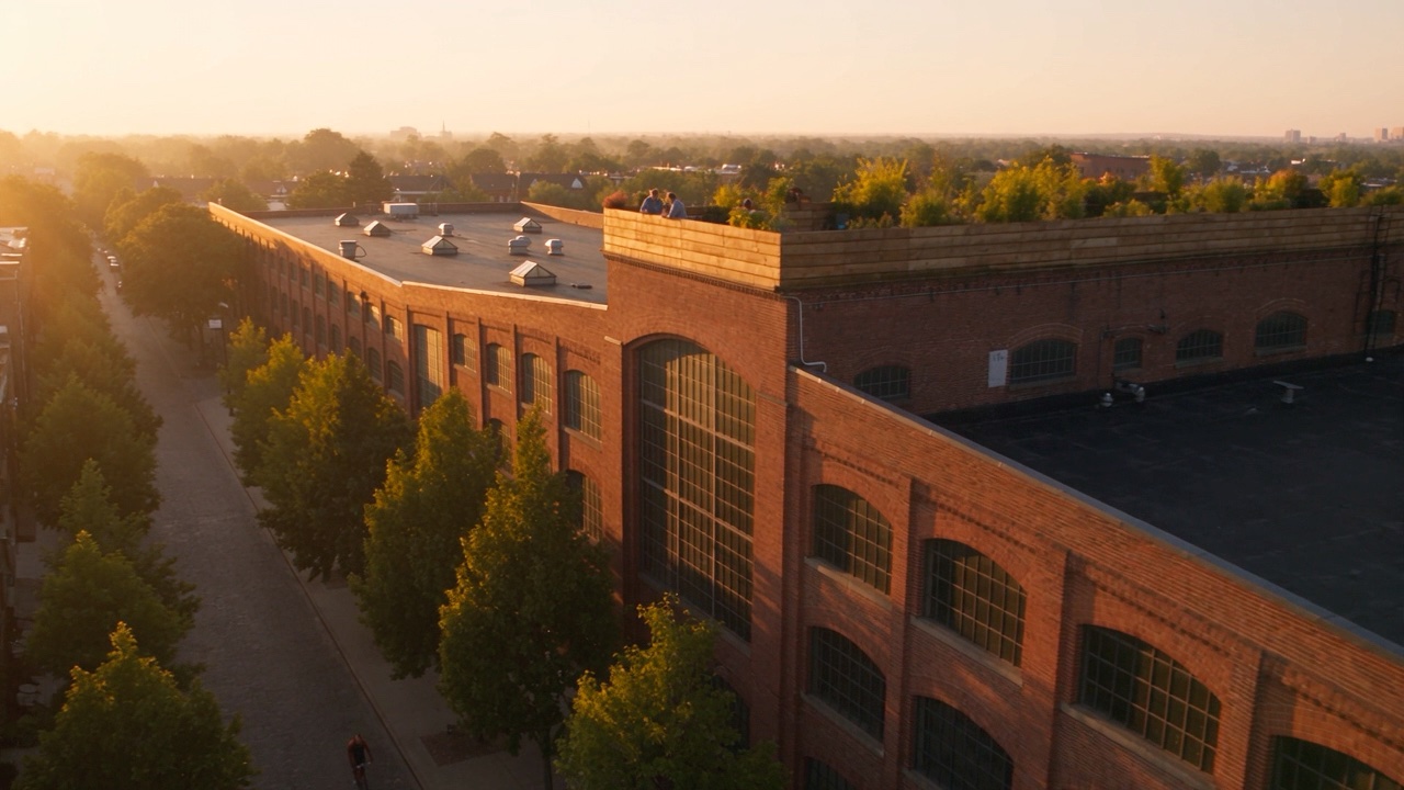 A converted brick warehouse at golden hour, seen from the air